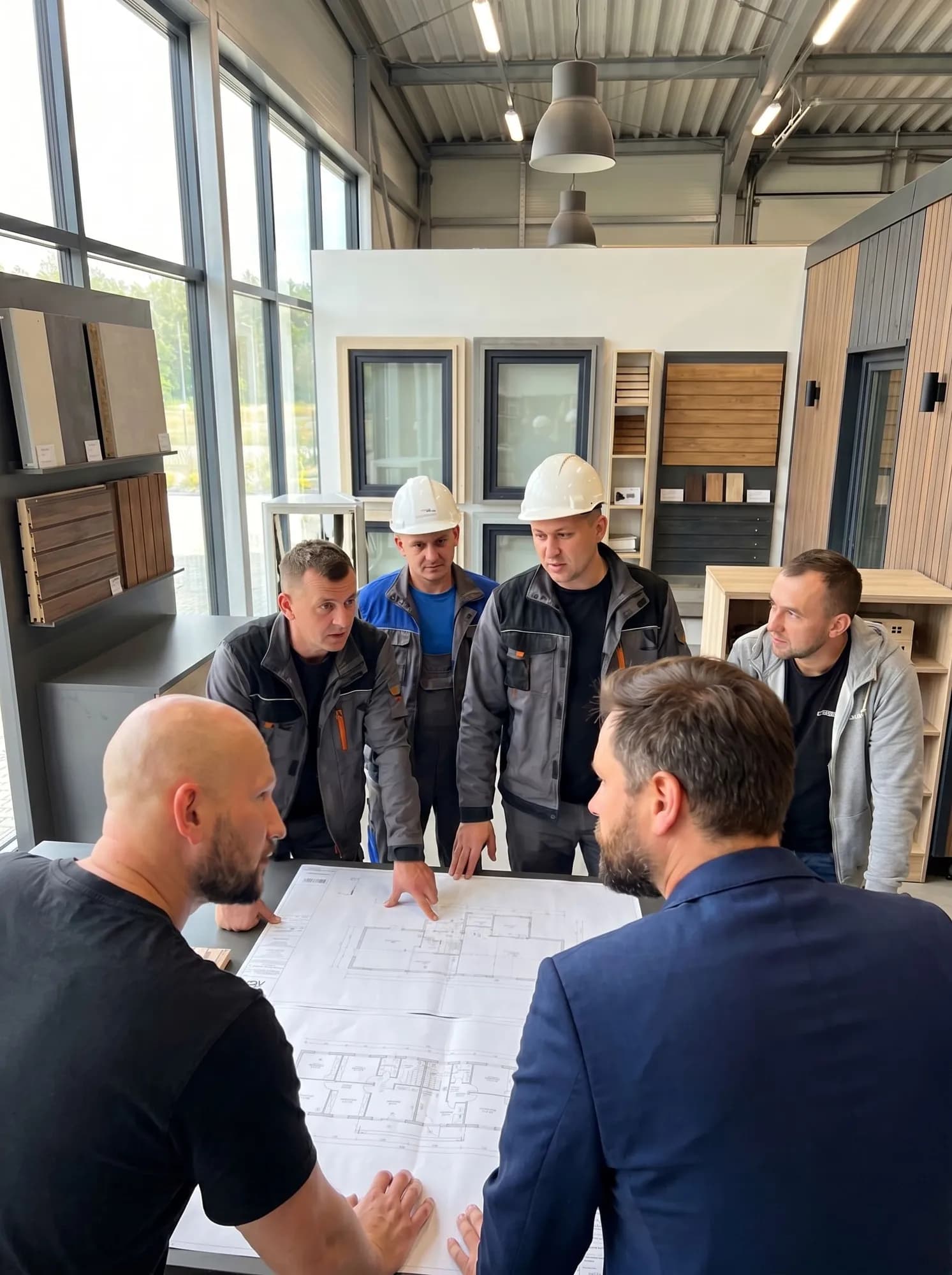 Les fondateurs de Residale étudient des plans avec les équipes d’une usine polonaise