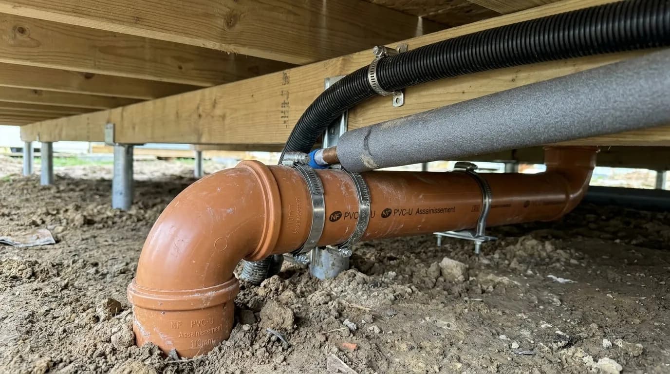 Sous la maison : évacuation PVC Ø 110 mm, gaine électrique et arrivée d'eau calorifugée contre le gel, fixées sous le plancher.