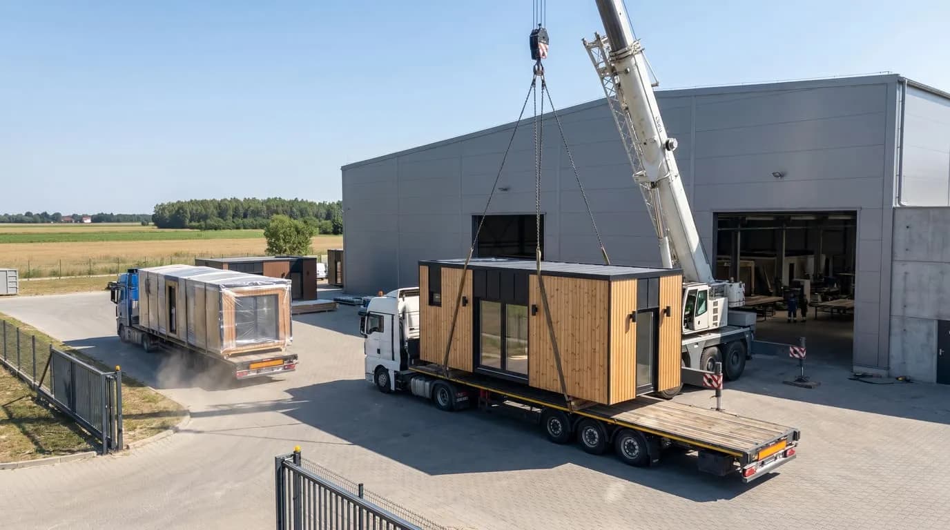 Module Residale chargé à la grue sur une remorque devant l’usine