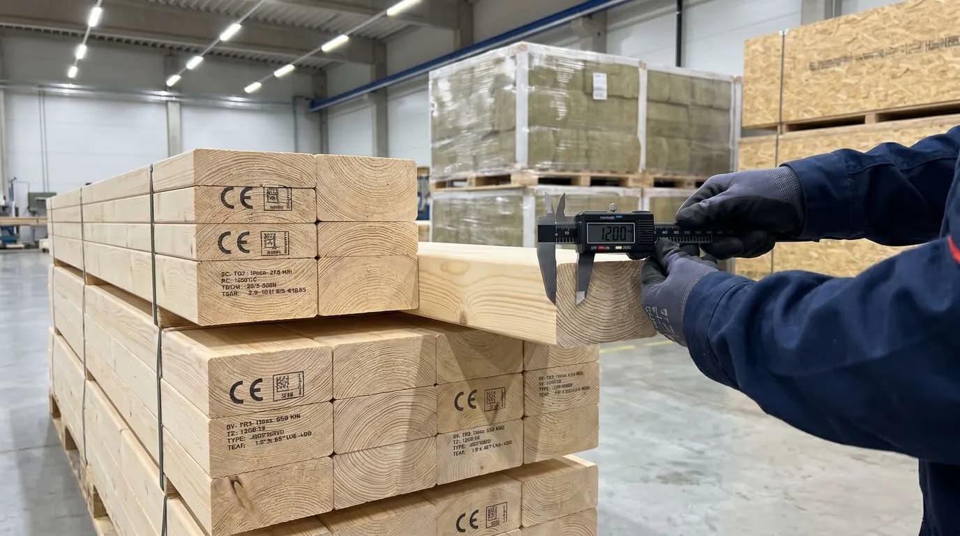 Contrôle au pied à coulisse de poutres certifiées CE à leur arrivée