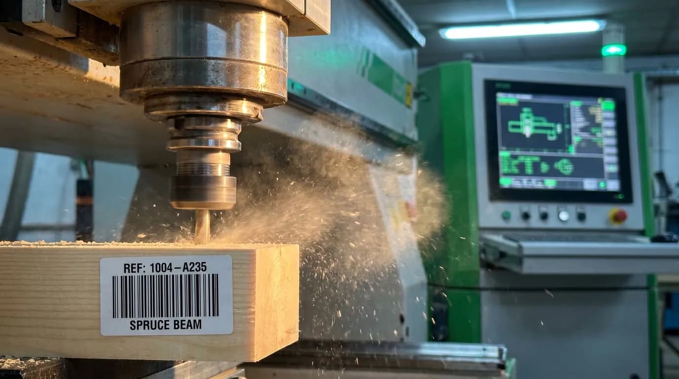 Fraise CNC découpant une poutre étiquetée