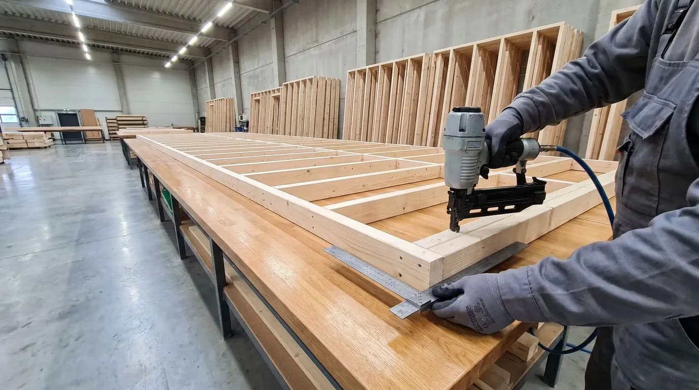 Assemblage d’une ossature de mur sur table de montage