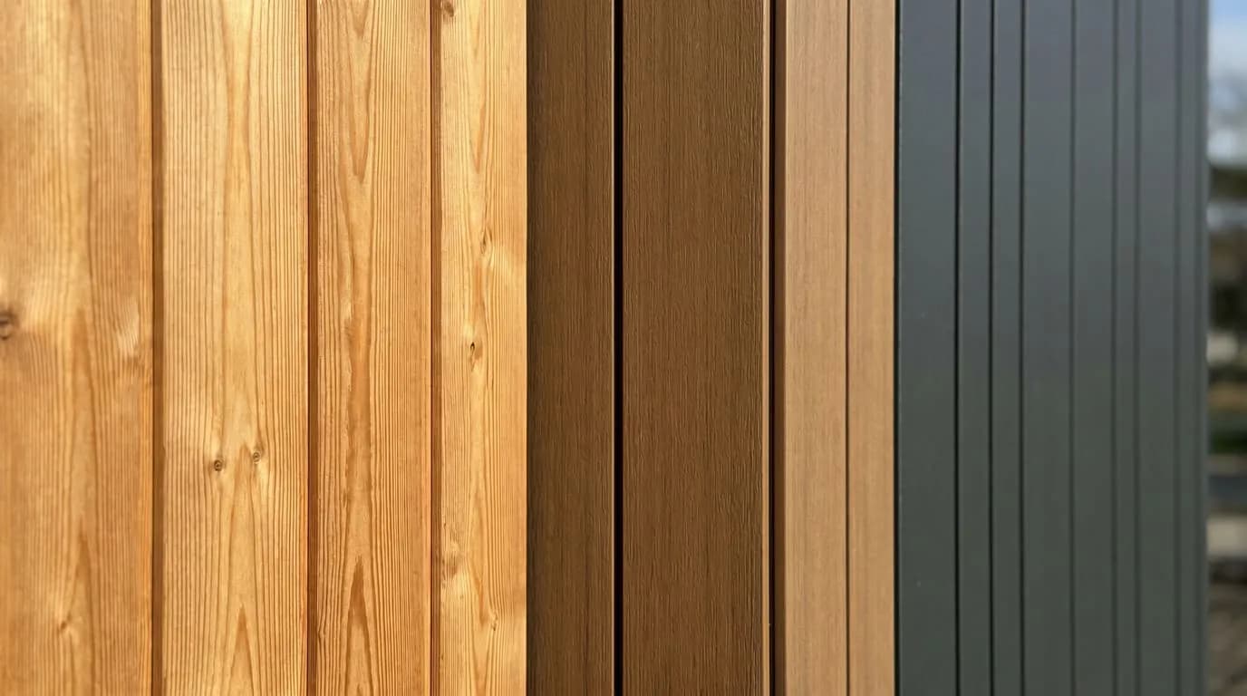 Les trois finitions de bardage : épicéa, composite bois et composite foncé