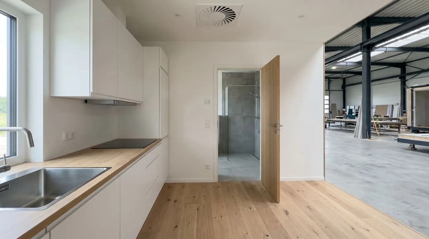 Intérieur terminé en usine : cuisine équipée et parquet