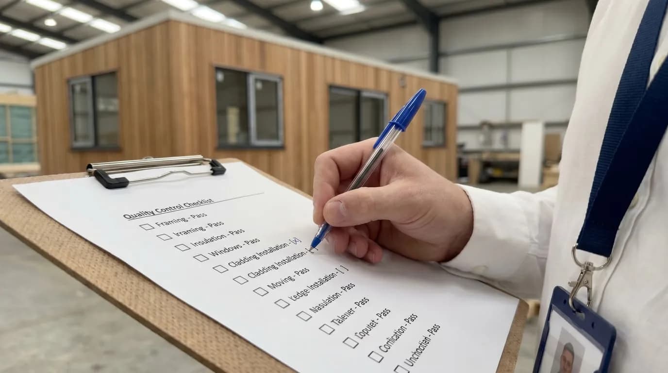Technicien cochant la liste de contrôle qualité devant un module