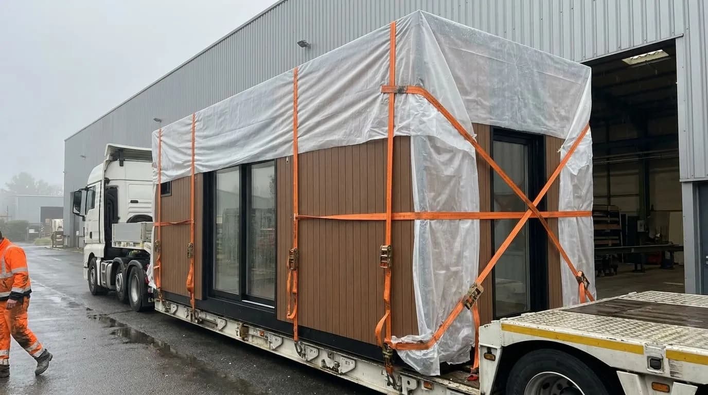 Module sanglé et bâché sur sa remorque devant l’usine