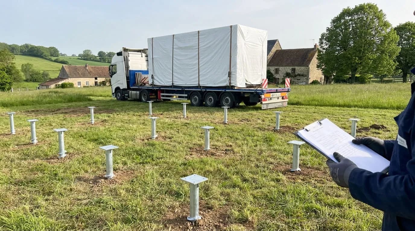 Arrivée du module sur un terrain préparé avec fondations sur pieux