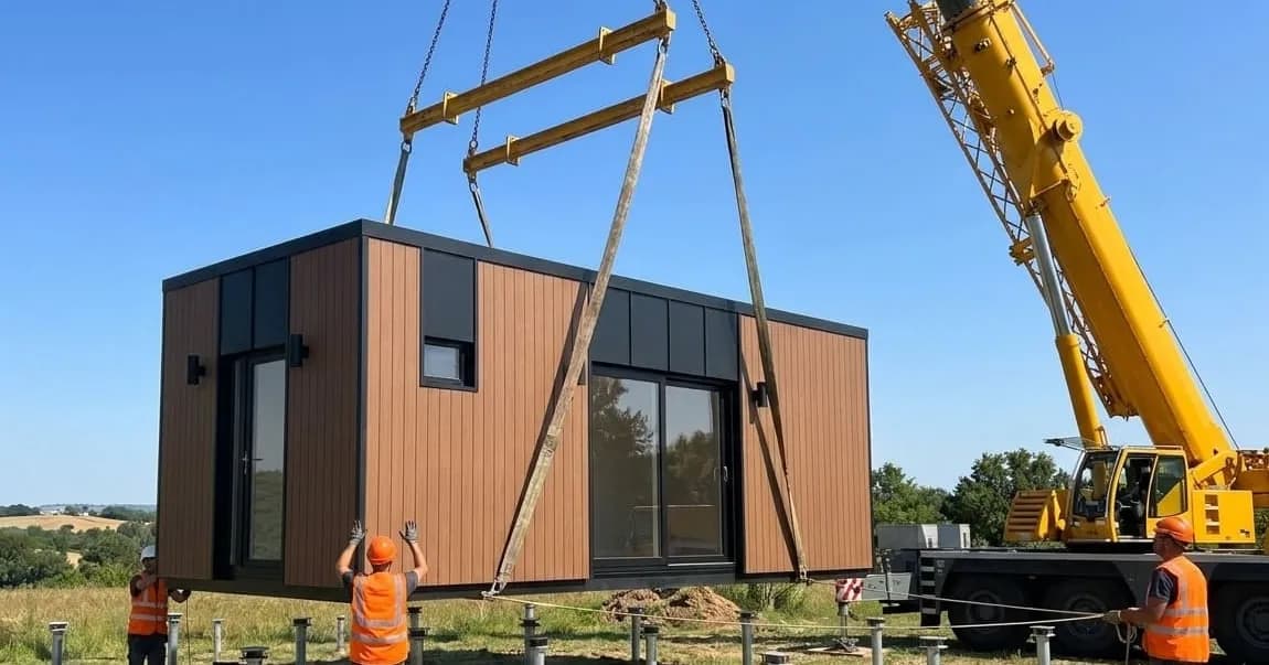 Module Residale levé par une grue au-dessus de ses fondations